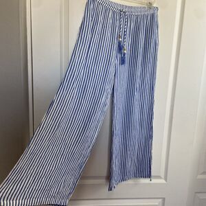Blue Island Wide Leg Swim Cover Up Pants Blue White Stripe Tassel Tie Size Large